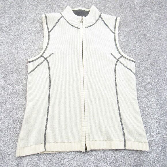 Vintage Eddie Bauer Mens Medium Lambs Wool Full Zip Sweater Vest Ivory Mock Neck - Picture 1 of 8